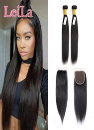 Cheveux raides malaisiens bon marché 2 paquets avec fermeture en dentelle 4 X 4 cheveux vierges 100 cheveux humains non transformés couleur naturelle 3 pièceslot2812225