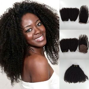 Pas cher Malaisien Vierge Cheveux 3pcs Lot GRATUIT Partie Fermeture En Soie Avec 2pcs Faisceaux De Cheveux Non Transformés Humains Vierge Extension De Cheveux Afro Crépus Bouclés