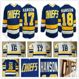 Goedkope Man Hanson Brothers #16 #17 #18 Charlestown Chiefs Slap Shot Wit Blauw Film Hockey Jerseys Gratis snelle Verzending