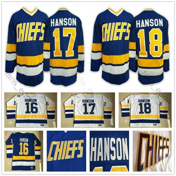 Hombre barato Hanson Brothers # 16 # 17 # 18 Charlestown Chiefs Slap Shot Blanco Azul Película Hockey Jerseys Envío rápido gratis