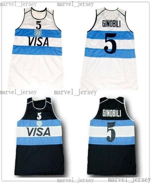 Pas cher Manu Ginobili 5 Team Argentine Basketball Jerseys Cousu Blanc Marine HOMMES FEMMES JEUNES XS5XL5595396