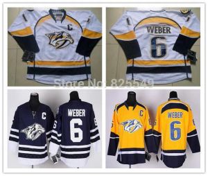 Aangepaste heren dames jeugd Nashville Predators ijshockeytruien 6 SHEA WEBER geel marineblauw wit hockeytruien allemaal gestikt maat S-6XL