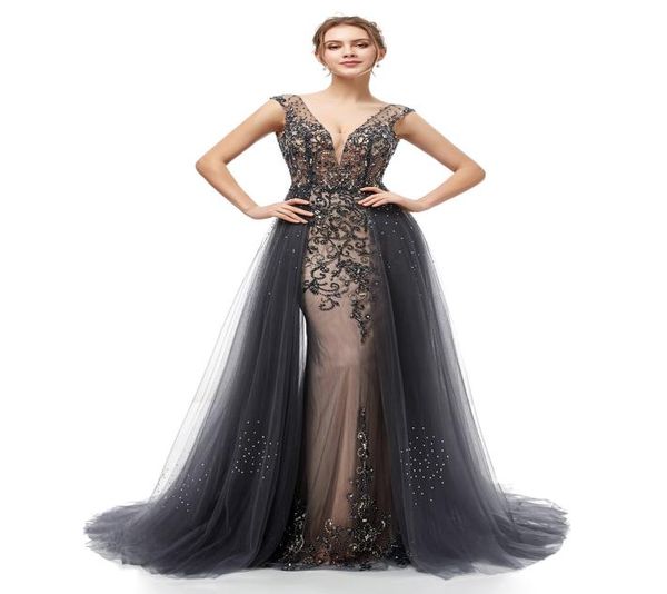 Robes de bal sirène pas cher 2020 sexy dos nu perles complètes et jupe en tulle col en V robes de soirée formelles 54064677431