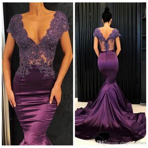 Goedkope zeemeermin paarse prom-jurken v-neck kanten appliques korte vrouwen avond feestjurken speciale ocn sweep trein lange formele jurk