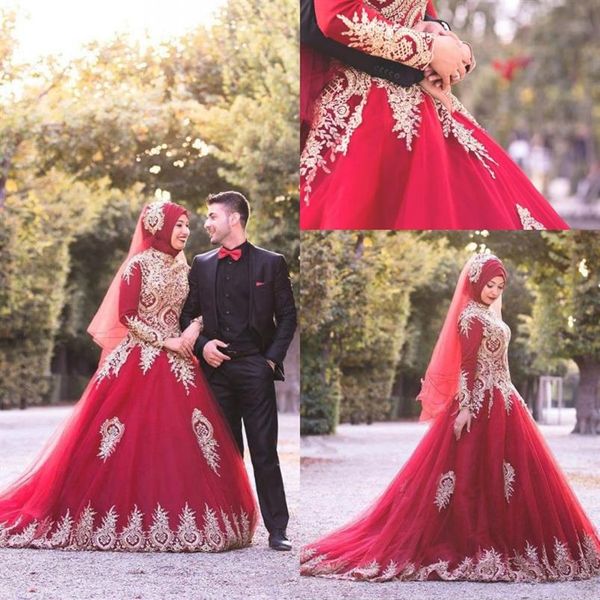 Pas cher musulman bordeaux longues robes de mariée col haut manches longues tulle appliques robes de mariée plus la taille robe de mariée vestidos de317L