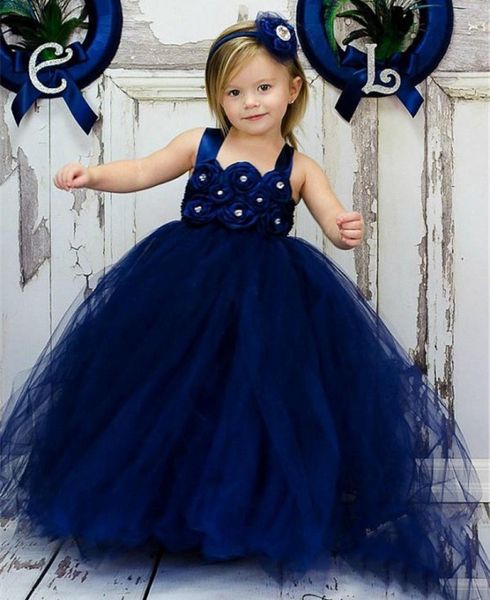 Pas cher bleu marine robe de bal fleur fille robe perle 7 ans petites robes Vintage filles Pageant robes Simple