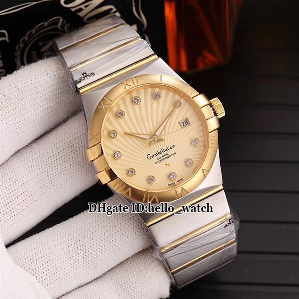 Barato Nuevo 38 mm Fecha 123 20 38 21 58 001 Esfera dorada Miyota 8215 Reloj automático Zafiro Dos tonos Banda de acero dorado Relojes de moda 257R