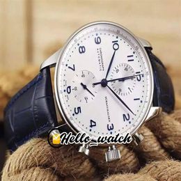 Goedkope nieuwe 40 9 mm stalen behuizing Miyota Qaurtz Chronogrpah herenhorloge witte wijzerplaat blauwe mark blauwe lederen band herenhorloges Hallo Watch2073