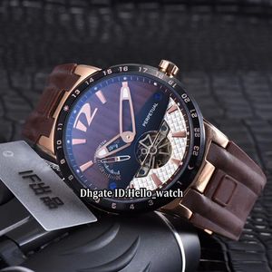 Barato Nuevo 42 mm Ejecutivo El Toro Marrón Dial Tourbillon Movimiento automático Reloj para hombre Caja de oro rosa Bisel negro Correa de caucho Gents294W