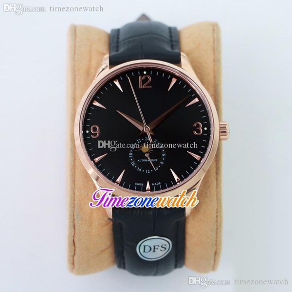 Pas cher Nouveau 42mm Montre Homme Automatique Boîtier En Or Rose Or Mains Phase De Lune Cadran Noir Bracelet En Cuir Noir Haute Qualité Timezonewatch E181a2