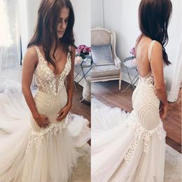 Prachtige zeemeermin Trouwjurken 2020 Nieuwe V-hals Backless Bruidsjurk Sweep Train Lace Country Bridal Trouwjurk 2063