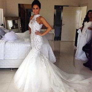 Vestidos de novia de sirena de cuello alto Apliques de encaje con cuentas 2020 Nuevas lentejuelas ajustadas Sin espalda Tul Fish Trail Sweep Train Vestidos de novia 2065