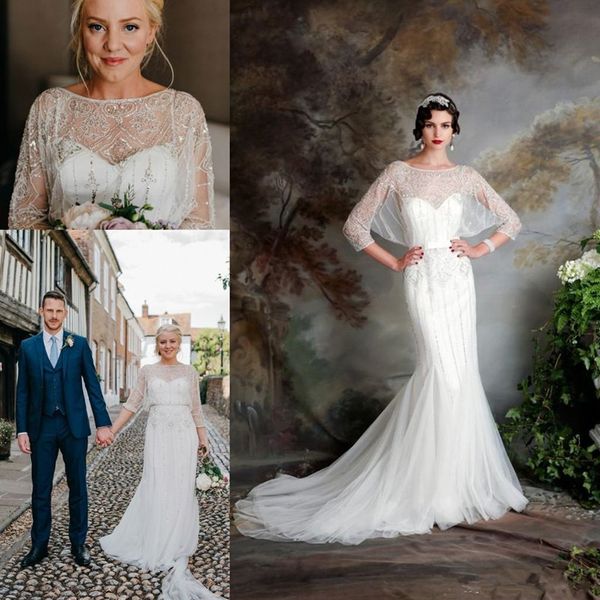 Great Gatsby Vintage luxe pays robes de mariée 2020 modeste Jenny Packham manches courtes perlée sirène robes de mariée Eliza Jane Howell 205