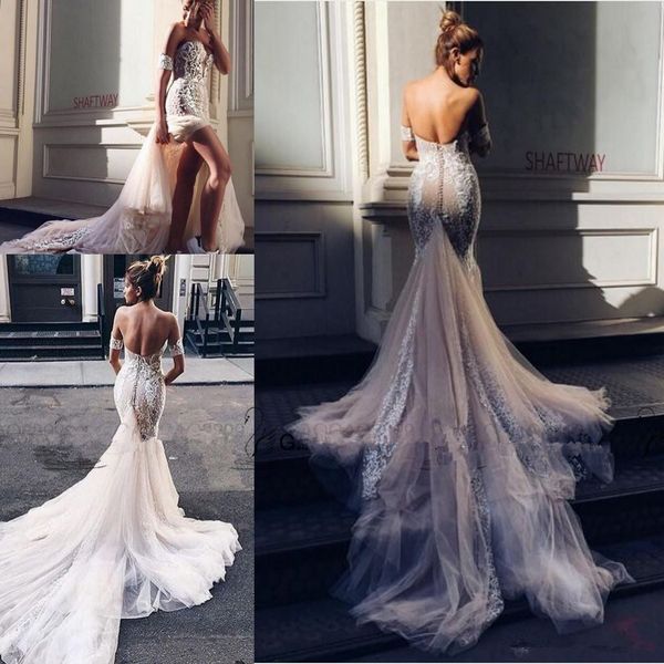 Pallas Couture Sermaid Split Robes de mariée 2020 Nouvelle Église Champagne Train Off-épaule Élégant Jardin de campagne Berta Robes de mariée 2043