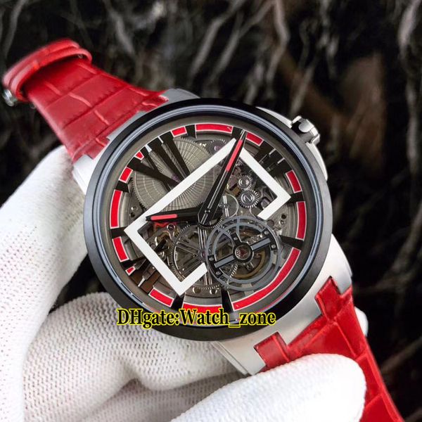 Cheap New Executive 1713-139 Skeleton Tourbillon Gray Dial Reloj automático para hombre Caja de acero de titanio Relojes con correa de cuero rojo