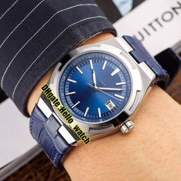 Barato Nuevo Overseas 4500V 110A-Reloj automático para hombre Fecha Esfera azul Caja de acero 316L Correa de cuero azul Relojes deportivos para caballero Hola wat270g