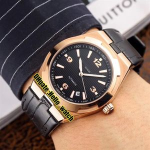 Pas cher New Overseas 47040 000R-9666 Montre automatique pour homme Date Cadran noir Boîtier en or rose Bracelet en cuir Montres de sport pour hommes Bonjour wat287D