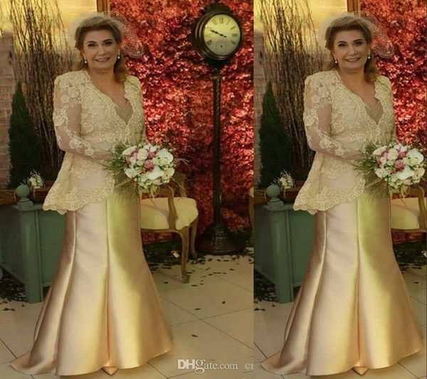 NOUVEAU NOUVEAU VINTAGE GOLD Mother of the Bride Robes Sirène V Cou Nou Longue Appliques en dentelle avec veste robe de soirée mariage Gu8223982