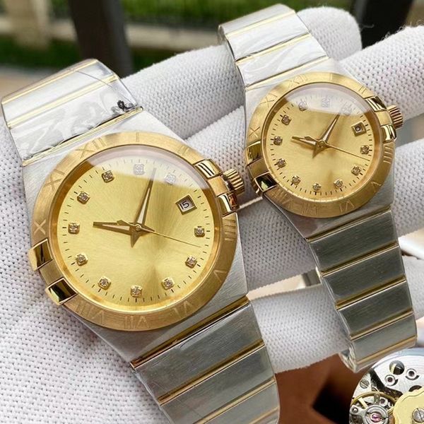 Pas cher O M G Golden Mens et Diamond automatique mécanique 38MM28MM femmes Designer Couple montre de mode