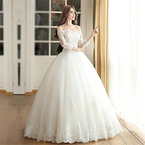 2021 Off The Shoulder Boat Neck 3/4 Mouwen Lace Up Vintage Bridals Jurken Plus Size Custom Made Ball Town Trouwjurken