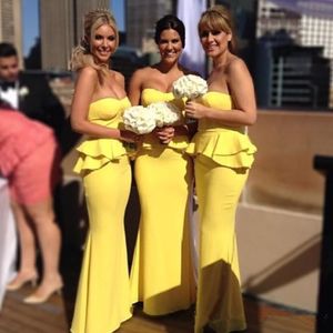 Goedkope online heldere gele lange zeemeermin bruidsmeisje jurken cascading ruches strapless formele partij prom dresses backless avondjurken
