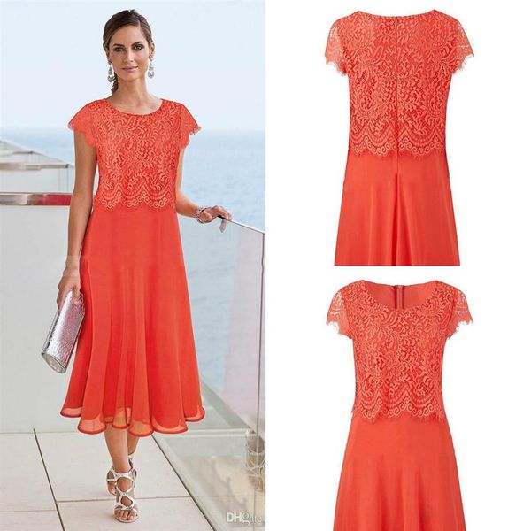 Pas cher Orange Mère De La Mariée Robes pour Plage De Mariage Thé Longueur Dentelle Appliqued Mères Tenue De Soirée Plus La Taille Robes De Soirée249S