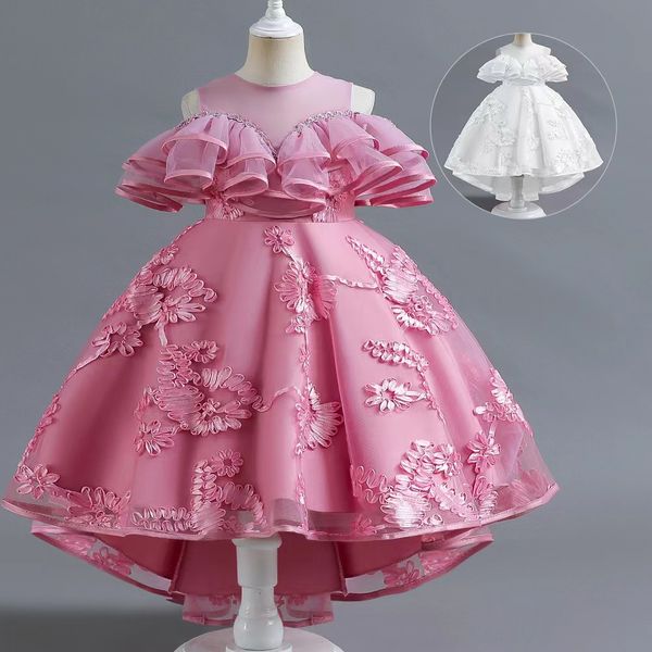 Fleurée de dentelle rose bon marché Bows Bows First Communion Princess Formal Ball Robe Boule de bal de mariage Robe Boues d'anniversaire perlées 403