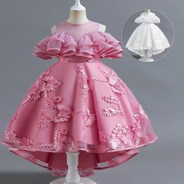 Vestido de niña de flores de encaje rosa barato Arcos Vestido de primera comunión para niños Princesa Vestido de fiesta de tul formal Vestido de fiesta de bodas Vestidos de cumpleaños con cuentas