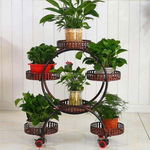 Soportes de flores portátiles baratos con ruedas, soporte de Metal para plantas, organizador creativo de bandejas de flores, estante de almacenamiento grande para decoración del hogar