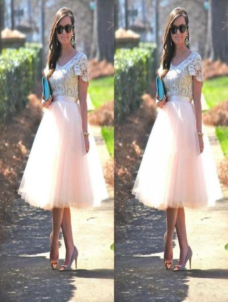 Robes de fête de bal pas cher avec manches courtes en dentelle Top Blush tutu jupes de thé 2017 Robes de soirée formelles Robes de demoiselle d'honneur4783015