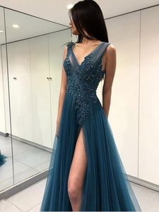 Goedkoop Prom Sweet 16 Jurken Lange Sheer Backless Formele Avondjurken Hoge Split Kraal Kant Applicaties Tule Celebrity Ball Party Jurk