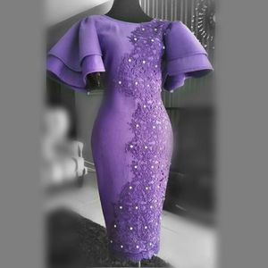 Pas cher violet sirène robes de cocktail bijou cou manches courtes thé longueur robes de bal dentelle appliques perles robe formelle robe de soirée