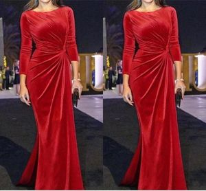 Pas cher rouge bijou cou robes de soirée sirène manches 3/4 velours étage longueur robe formelle soirée robes de bal robe de soirée tenue de soirée