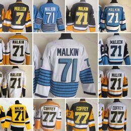 Jersey de hockey rétro pas cher 71 Malkin 77 Coffey 7 Mullen blanc noir jaune bleu 1967-1999 film vintage cousu cousu