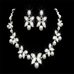 Goedkope Rhinestone Faux Pearls Bruids Sieraden Sets Oorbellen Ketting Crystal Bridal Prom Party Pageant Meisjes Bruiloft Accessoires Op voorraad