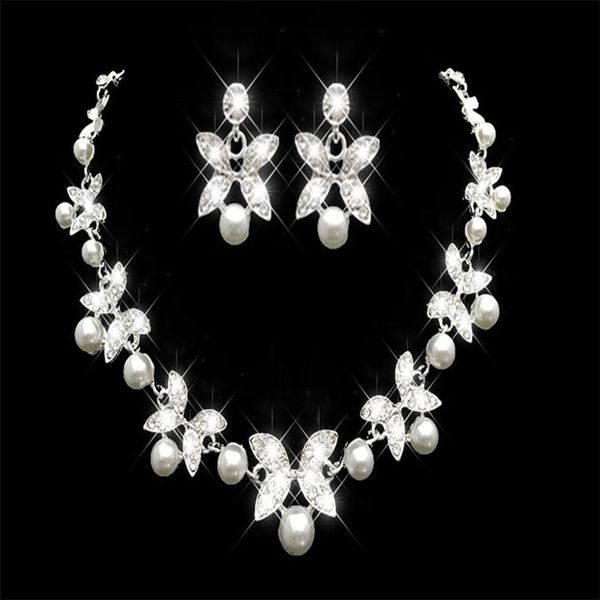 Barato Rhinestone Faux Pearls Conjuntos de joyería nupcial Pendientes Collar Cristal Nupcial Fiesta de graduación Desfile Niñas Accesorios de boda En 294d