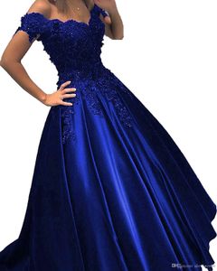 Goedkope Royal Blue Dark Red Green A Line Prom Dresses Off Shoulder Sant 3D Flowers Beaded Corset Terug Satijn Formele Jurken Avondjurken