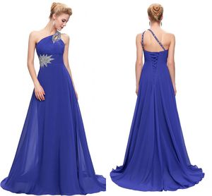 Goedkope Royal Blue Sexy One Shoulder Chiffon Bruidsmeisjes Jurken Lange Geplooide Beaded Formele Avondjurken Bruiloft Gastenjurken Maids of Honour