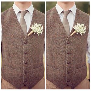 VERKOOP 2021 Brown Tweed Vest Wol Herringbone Bruidegom Vesten Mens Pak Slanke Fit Jurk Vest Custom