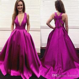 Pas cher Sexy Fuchsia A-ligne Robes De Bal Col En V Profond Arc Noeud Balayage Train Plis Robe De Soirée Robes De Soirée ogstuff Vestidos