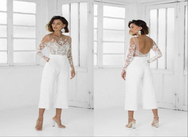 Pas cher Sexy Combinaison Robes De Mariée Manches Longues Col Transparent Dos Nu Dentelle Appliqued Thé Longueur Plage Robe De Mariée Bohème Bridal8730466