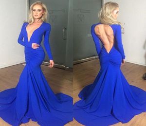 Robes de bal bleu royal sexy bon marché Backles sans manches longues sirène plissée 2016 robes de fête d'été personnalisées faites 2626385