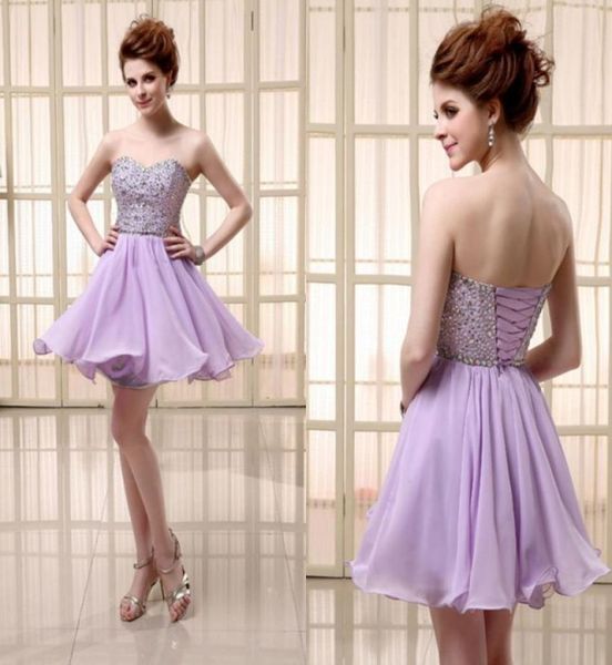 Robe courte en mousseline de soie lilas, bon marché, avec lacets, chérie, paillettes et perles, robes de bal, sur mesure, SD1034352744