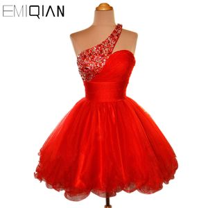 Vestido de fiesta corto barato Falda hinchada Vestidos de cóctel con cuentas de organza roja de un hombro