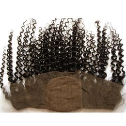 Goedkoop Zijde Base Kant Frontale 13x4 met Baby Haar 8-24 "Kinky Krullend Maagd Indisch Haar Zijde Basis Volledige Kant Frontale Sluiting Gebleekte Knopen