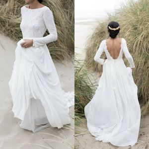 Pas cher simple manches longues robes de mariée une ligne robes de mariée en mousseline de soie dos nu plus la taille sur mesure