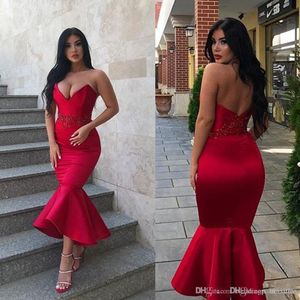 Goedkope Simple Sexy Nieuwe Collectie Rode Mermaid Prom Jurken Sweetheart Thee Lengte Party Jurken Formele Toga Cocktail Party Jurken Abendklerider