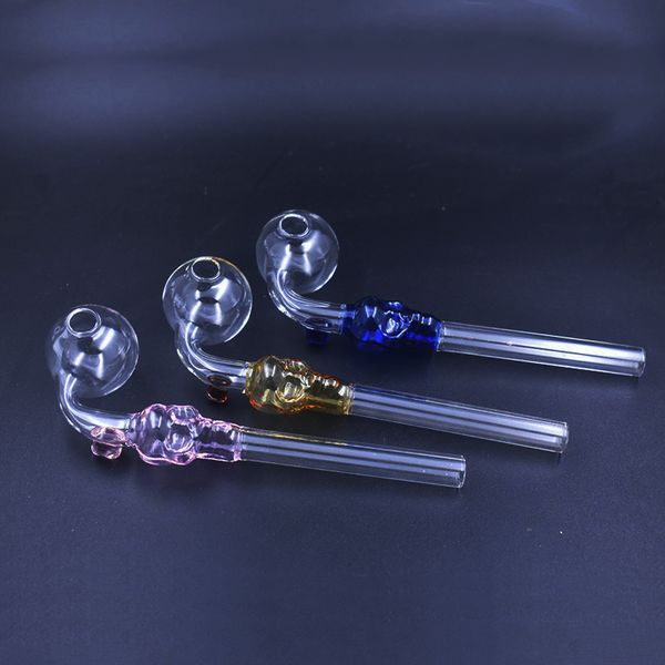 Barato Cráneo Pipas para fumar Colores Curvo Cuchara de mano Pipa Gruesa Pyrex Vidrio Quemador de aceite Pipas Accesorios para fumar para Dab Rig Bong Herramientas