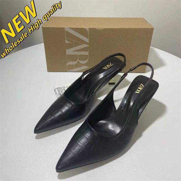 Magasin pas cher 90% de réduction en gros creux Za2024 nouvelles chaussures enveloppées pour femmes pointues en cuir noir bande arrière Muller sandales à talons hauts talons triangulaires de haute qualité