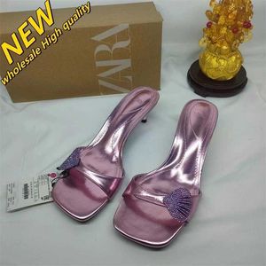 Tienda barata 90% de descuento al por mayor Za 2024 Producto de verano Zapatos para mujer Estilo de hadas Rosa Fan Shell Hebilla Decoración Agua Diamante Sandalias de tacón delgado